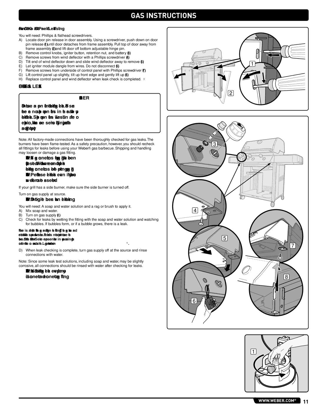 Weber 54406, GAS GRILL LP Gas Grill, 330 manual Check for GAS Leaks, Remove Control Knobs & Control Panel for Leak Testing 