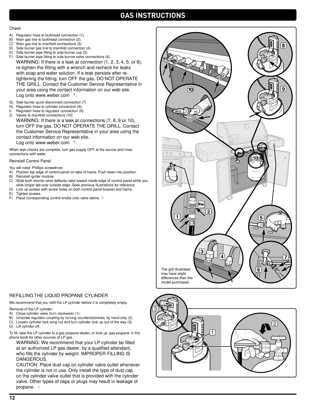 Weber GAS GRILL LP Gas Grill, 330, 54406 manual Refilling the Liquid Propane Cylinder, Check, Reinstall Control Panel 