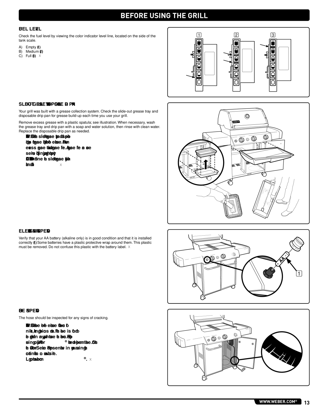 Weber 330 BeFoRe Using THe Grill, Fuel Level, SLIDE-OUT Grease Tray and Disposable Drip PAN, Electronic Igniter Inspection 