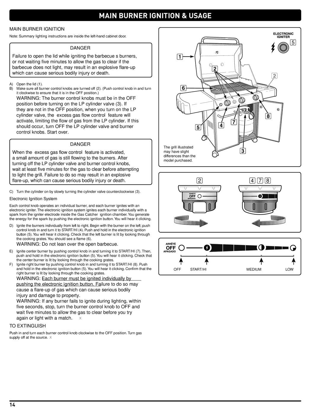 Weber 54406, 330 manual MAIN bURNeR IGNITIoN & USAGe, Main Burner Ignition, To Extinguish, Electronic Ignition System 