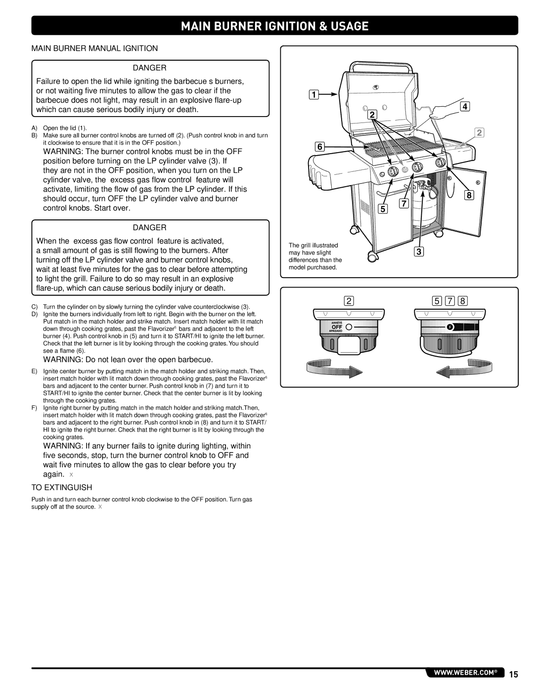 Weber GAS GRILL LP Gas Grill, 330, 54406 manual Main Burner Manual Ignition 