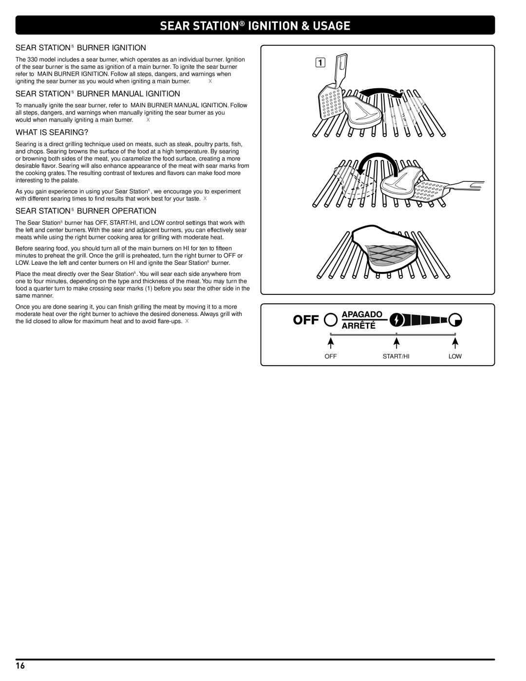 Weber 330, 54406 manual SeAR STATIoN IGNITIoN & USAGe, Sear Station Burner Ignition, Sear Station Burner Manual Ignition 