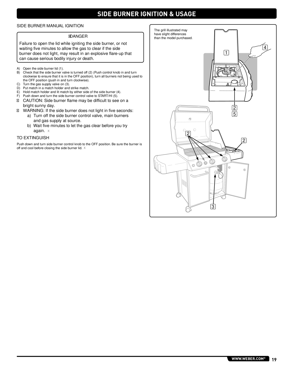 Weber 330, GAS GRILL LP Gas Grill, 54406 manual Side Burner Manual Ignition 