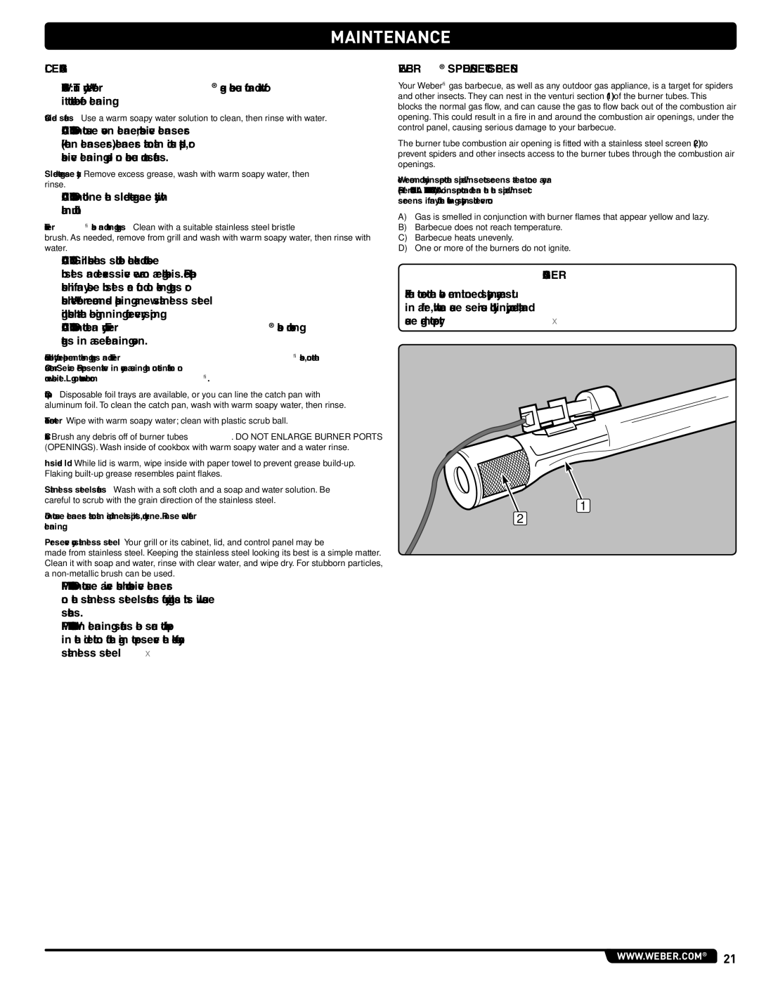 Weber GAS GRILL LP Gas Grill, 330, 54406 manual MAINTeNANce, Cleaning, Weber SPIDER/INSECT Screens 