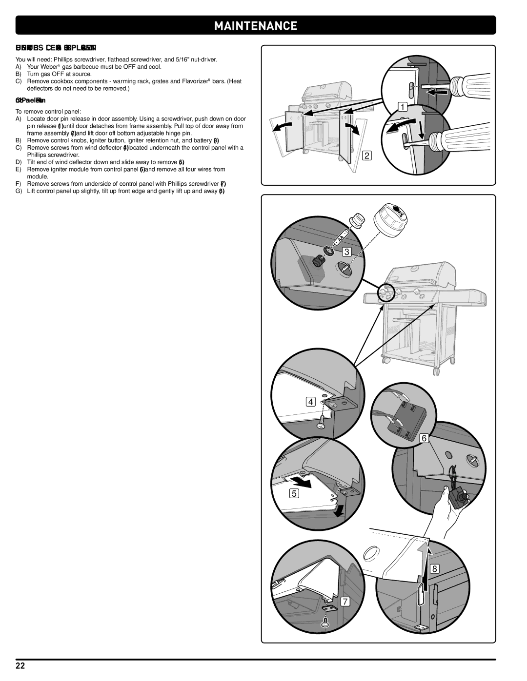 Weber 330, GAS GRILL LP Gas Grill, 54406 manual Burner Tubes Cleaning or Replacement, Control Panel Removal 