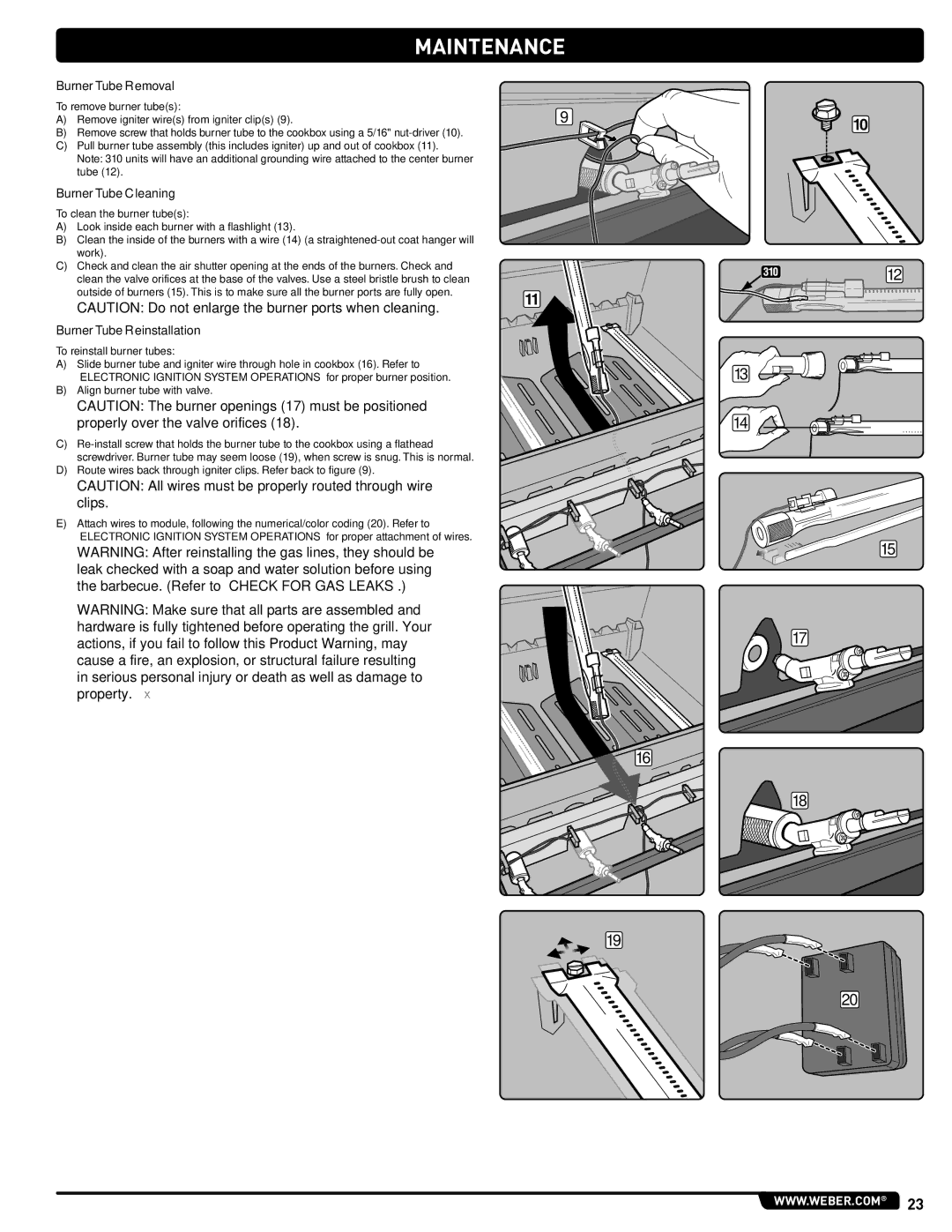 Weber 54406, GAS GRILL LP Gas Grill, 330 manual Burner Tube Removal, Burner Tube Cleaning, Burner Tube Reinstallation 