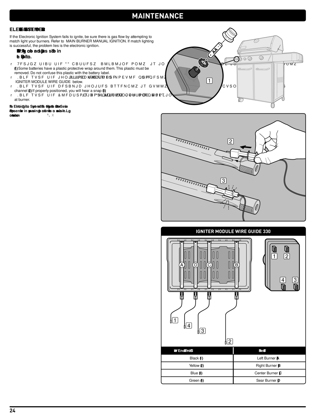 Weber GAS GRILL LP Gas Grill, 330, 54406 Electronic Ignition System Operations, C B, Wire End & Terminal Color Burner Tube 