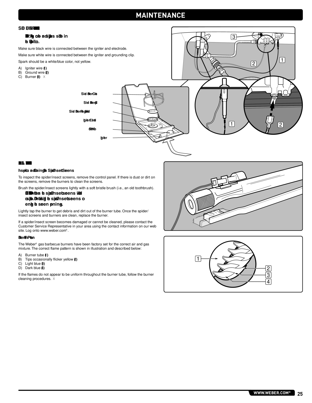 Weber 330, 54406 manual Side Burner Maintenance, Annual Maintenance, Inspection and Cleaning of the Spider/Insect Screens 