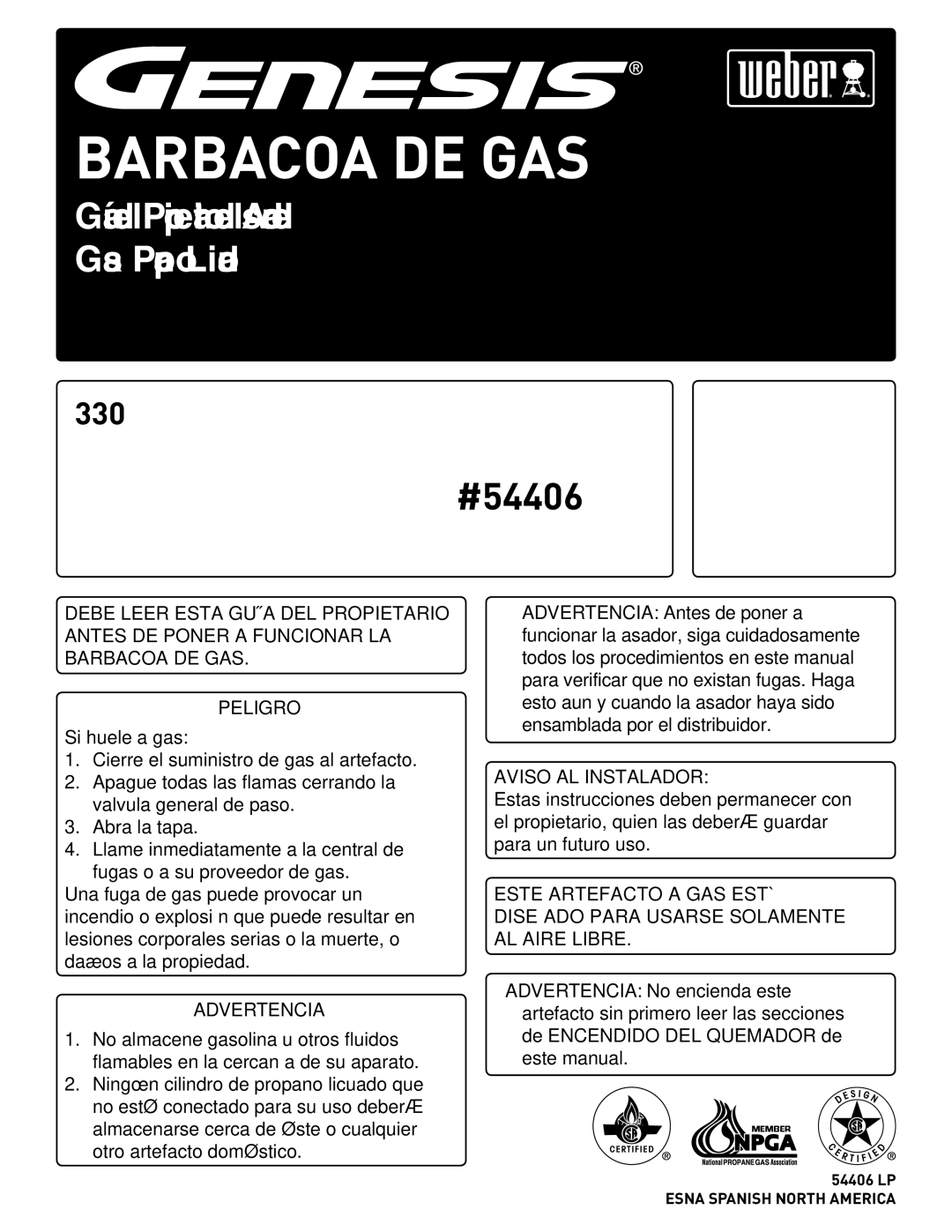 Weber GAS GRILL LP Gas Grill, 330, 54406 manual BARbAcoA De GAS 