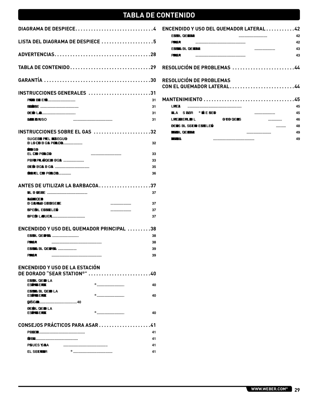 Weber 54406, GAS GRILL LP Gas Grill, 330 manual TAbLA De coNTeNIDo, Lista DeL DIAGRAmA De DeSPIece 