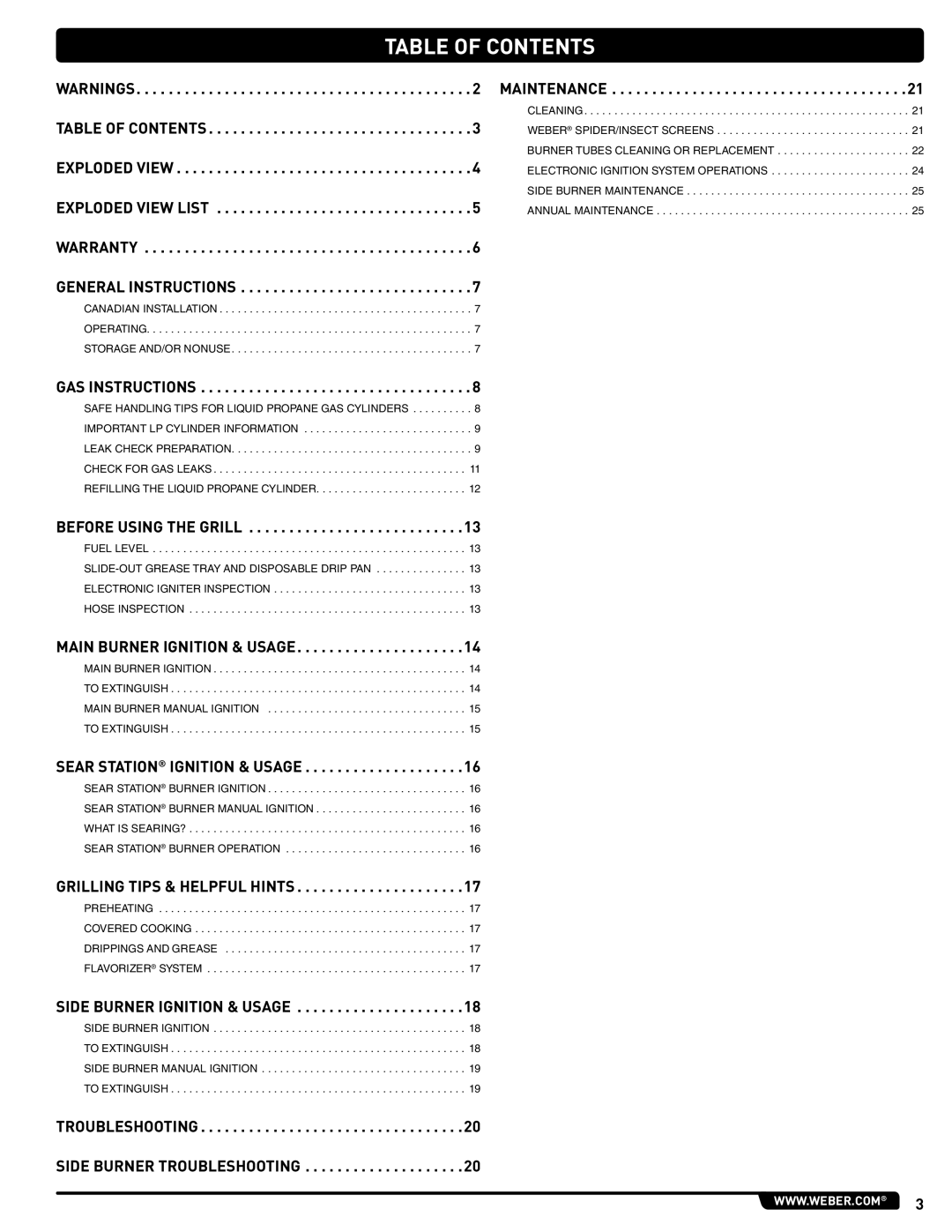 Weber GAS GRILL LP Gas Grill, 330, 54406 manual TAbLe oF coNTeNTS 