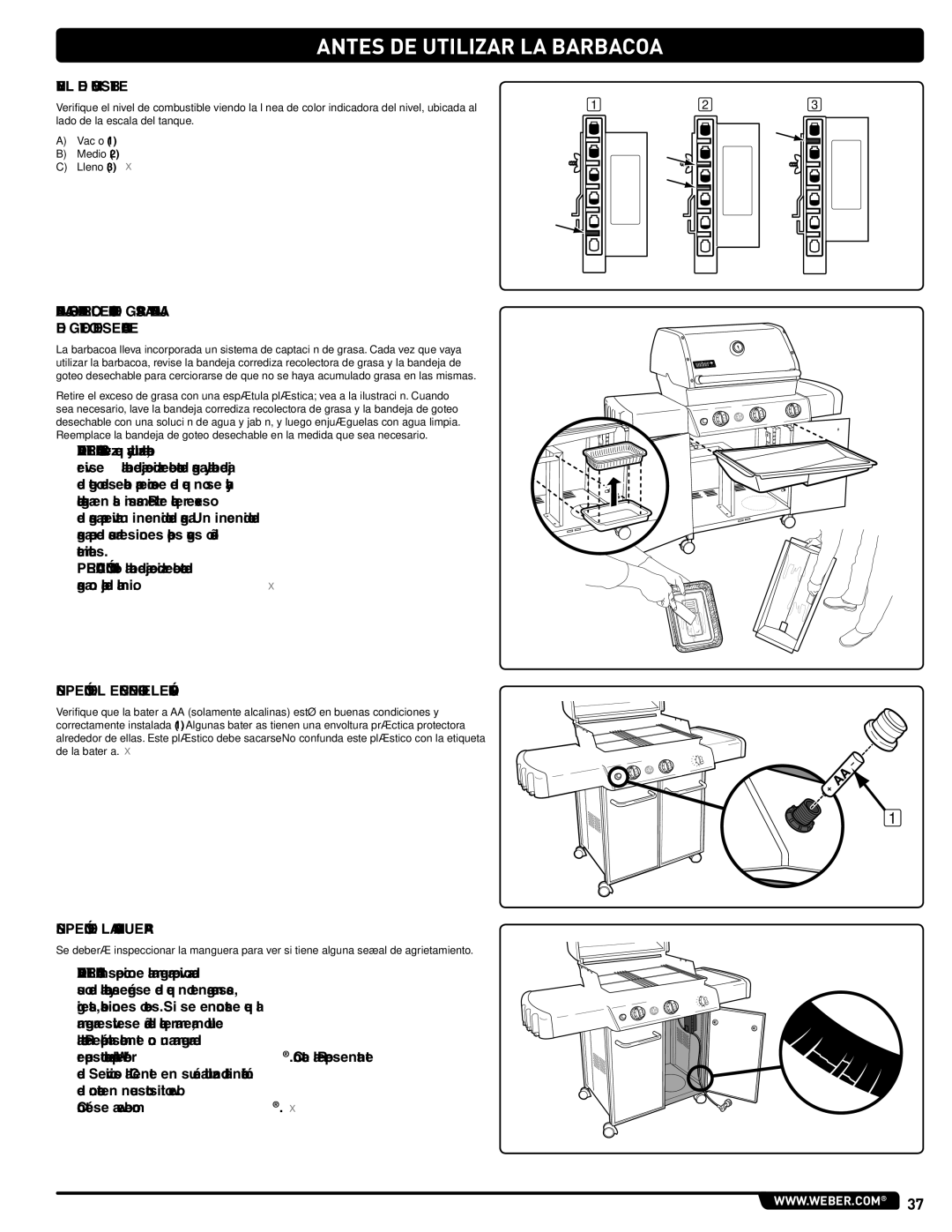 Weber 330, 54406 manual ANTeS De Utilizar LA bARbAcoA, Nivel DE Combustible, Inspección DEL Encendedor Electrónico 