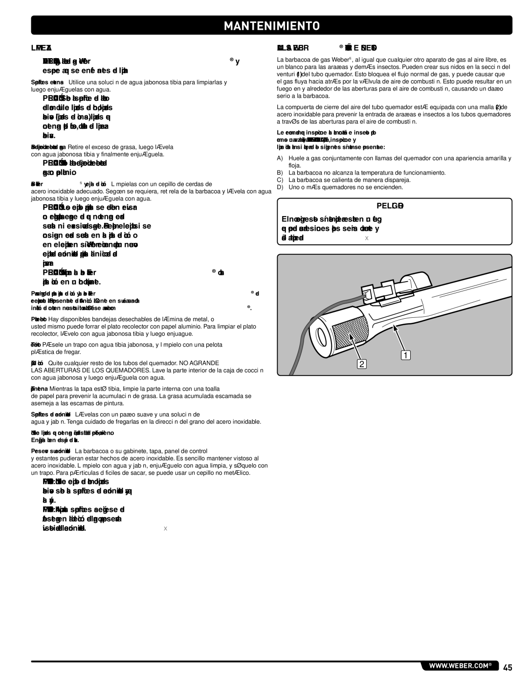 Weber GAS GRILL LP Gas Grill, 330, 54406 manual MANTeNImIeNTo, Limpieza, Mallas Weber Contra Arañas E Insectos 