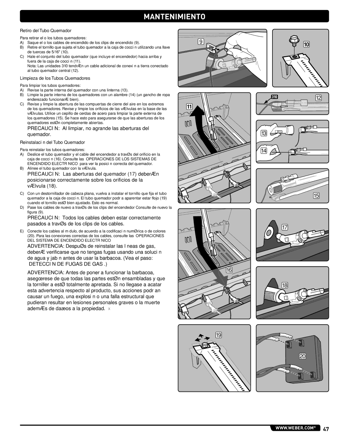 Weber 54406, 330 manual Retiro del Tubo Quemador, Limpieza de los Tubos Quemadores, Reinstalación del Tubo Quemador 