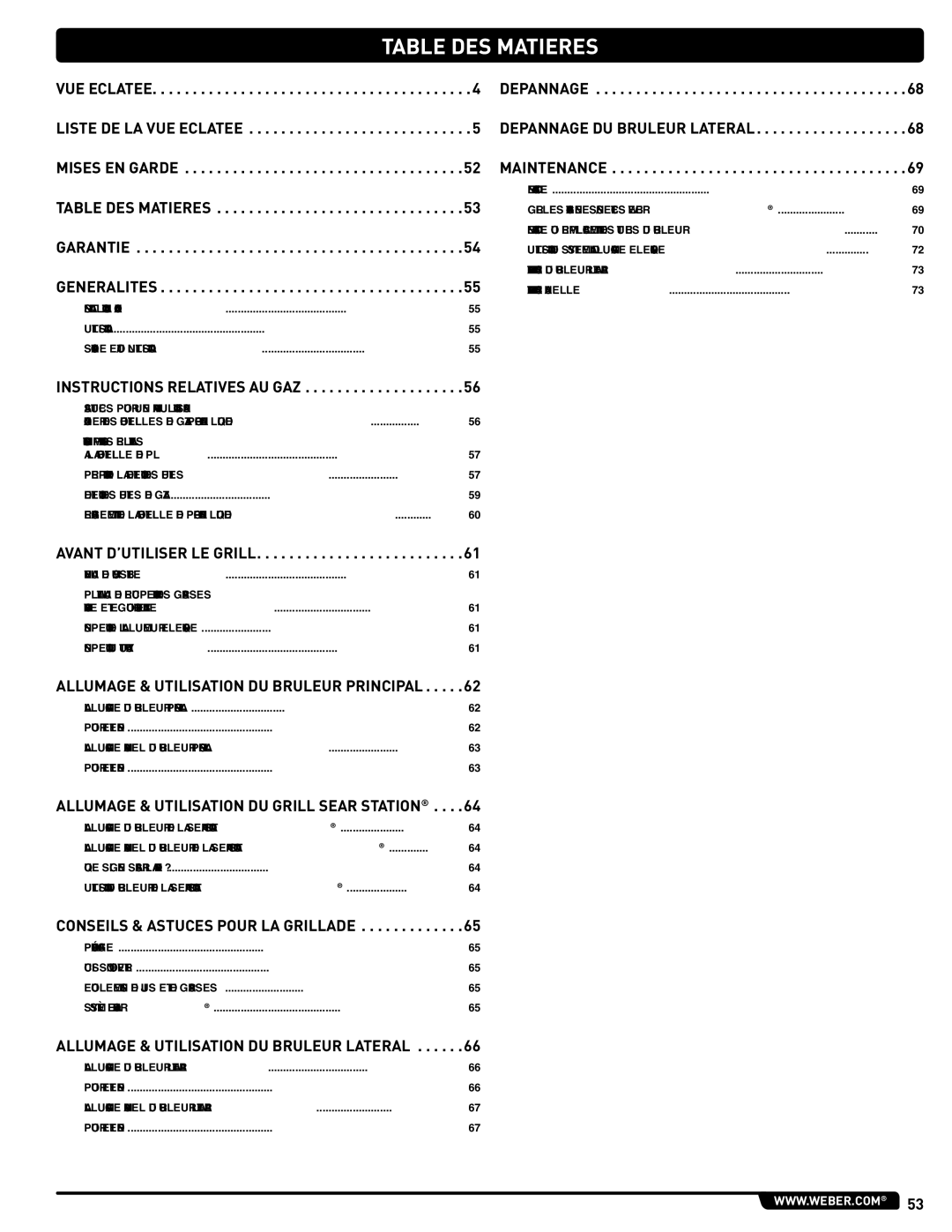 Weber 54406, GAS GRILL LP Gas Grill, 330 manual TAbLe DeS mATIeReS, INSTRUcTIoNS ReLATIVeS AU GAZ 