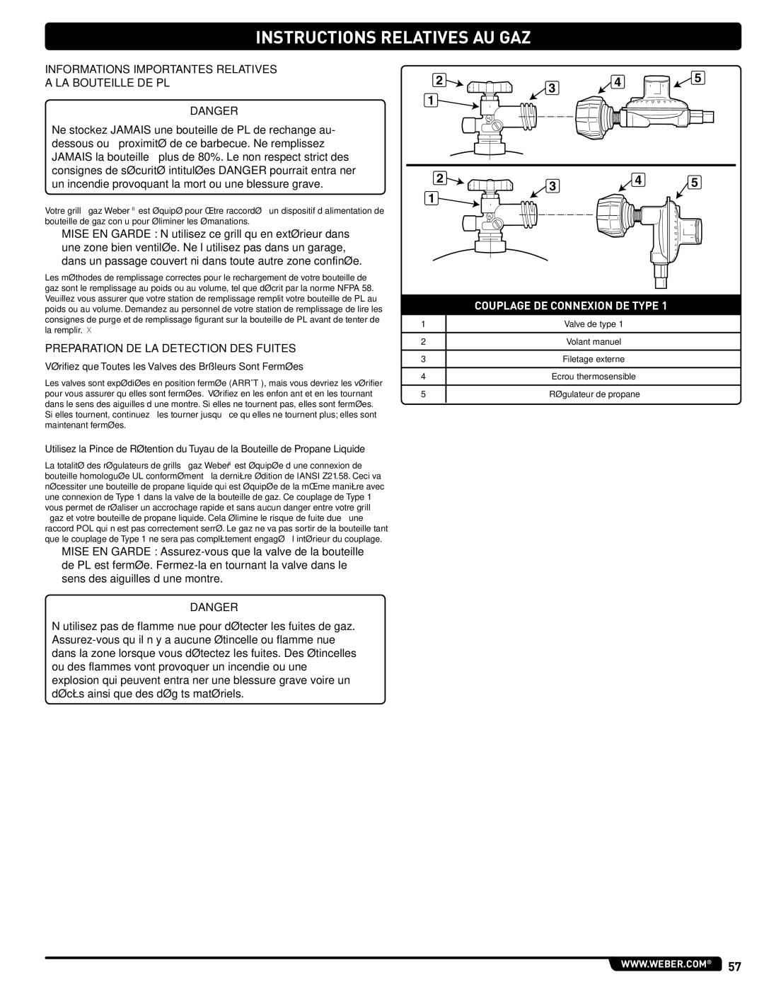 Weber GAS GRILL LP Gas Grill Informations Importantes Relatives LA Bouteille DE PL, Preparation DE LA Detection DES Fuites 