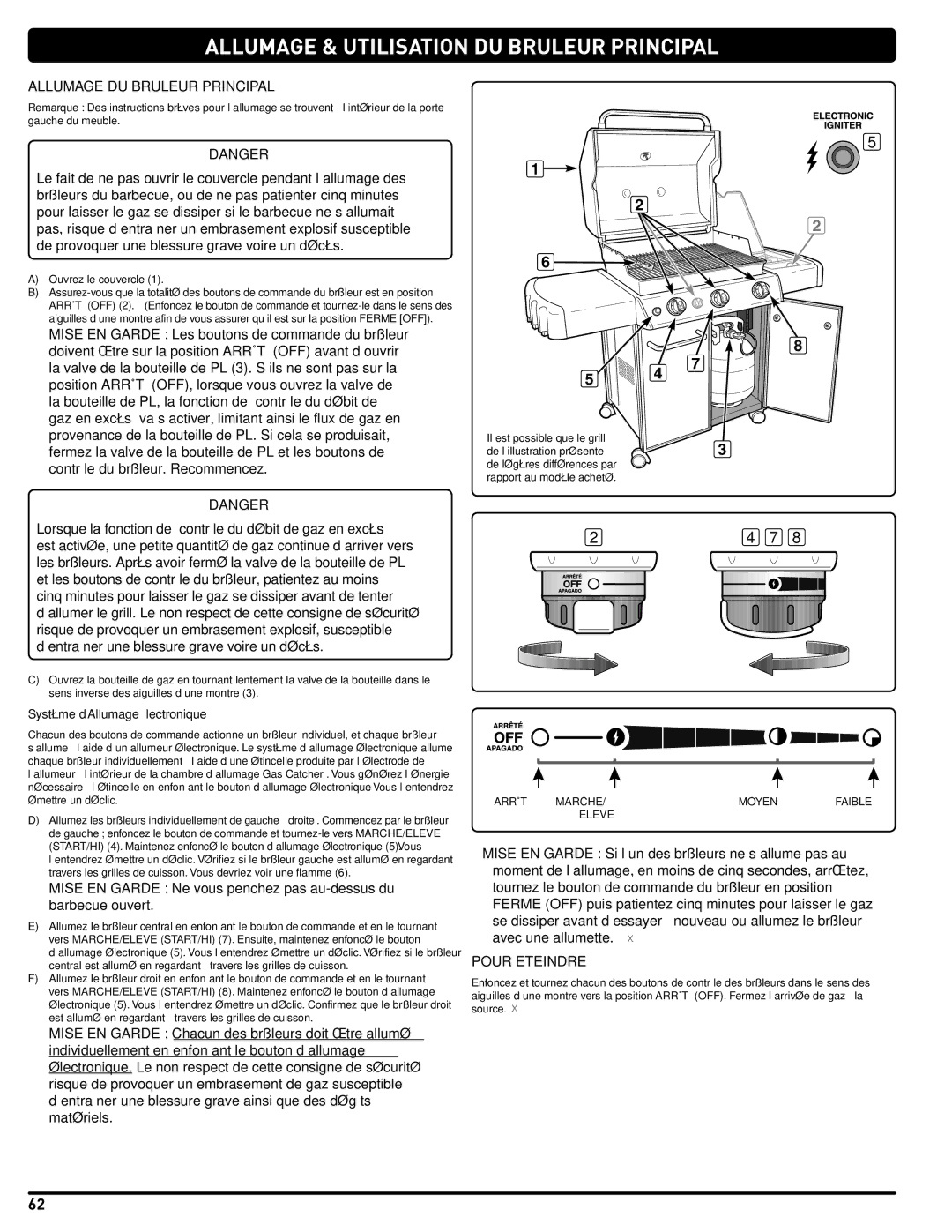 Weber 54406, 330 manual ALLUmAGe & UTILISATIoN DU bRULeUR PRINcIPAL, Allumage DU Bruleur Principal, Pour Eteindre 