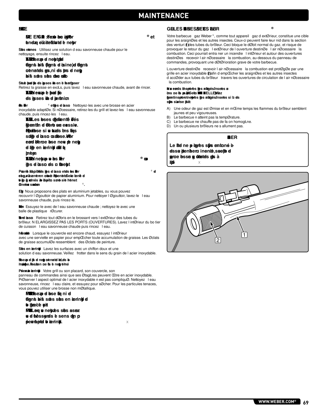 Weber GAS GRILL LP Gas Grill, 330, 54406 manual Nettoyage, Grilles ANTI-ARAIGNEES/INSECTES Weber 