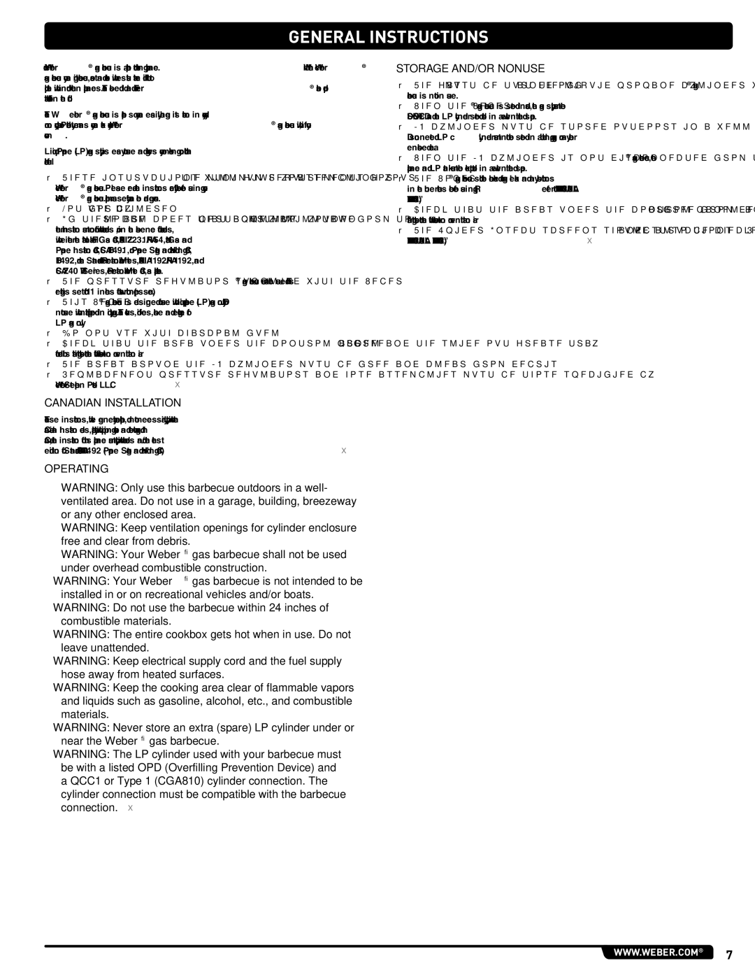 Weber 330, GAS GRILL LP Gas Grill, 54406 manual GeNeRAL INSTRUcTIoNS, Canadian Installation, Operating Storage AND/OR Nonuse 