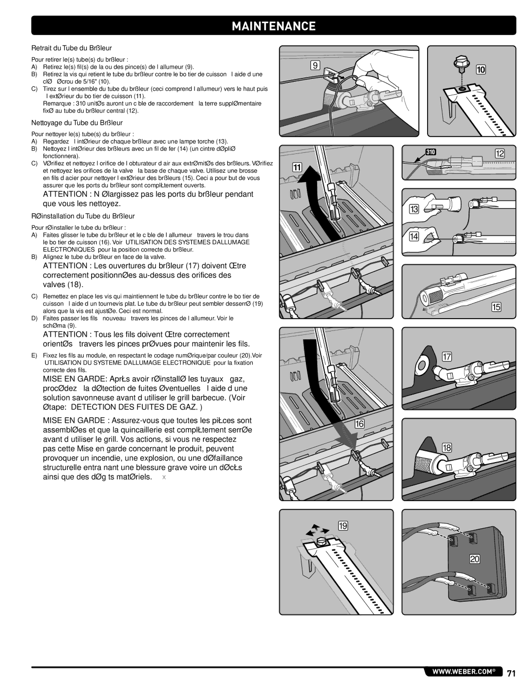 Weber 54406, 330 manual Retrait du Tube du Brûleur, Nettoyage du Tube du Brûleur, Réinstallation du Tube du Brûleur 