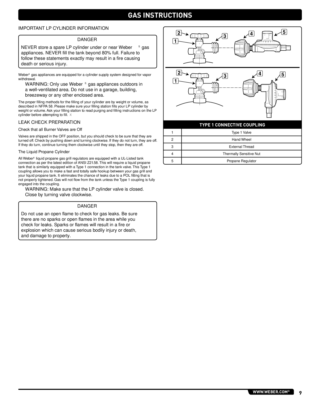 Weber GAS GRILL LP Gas Grill, 330, 54406 Important LP Cylinder Information, Leak Check Preparation, Liquid Propane Cylinder 