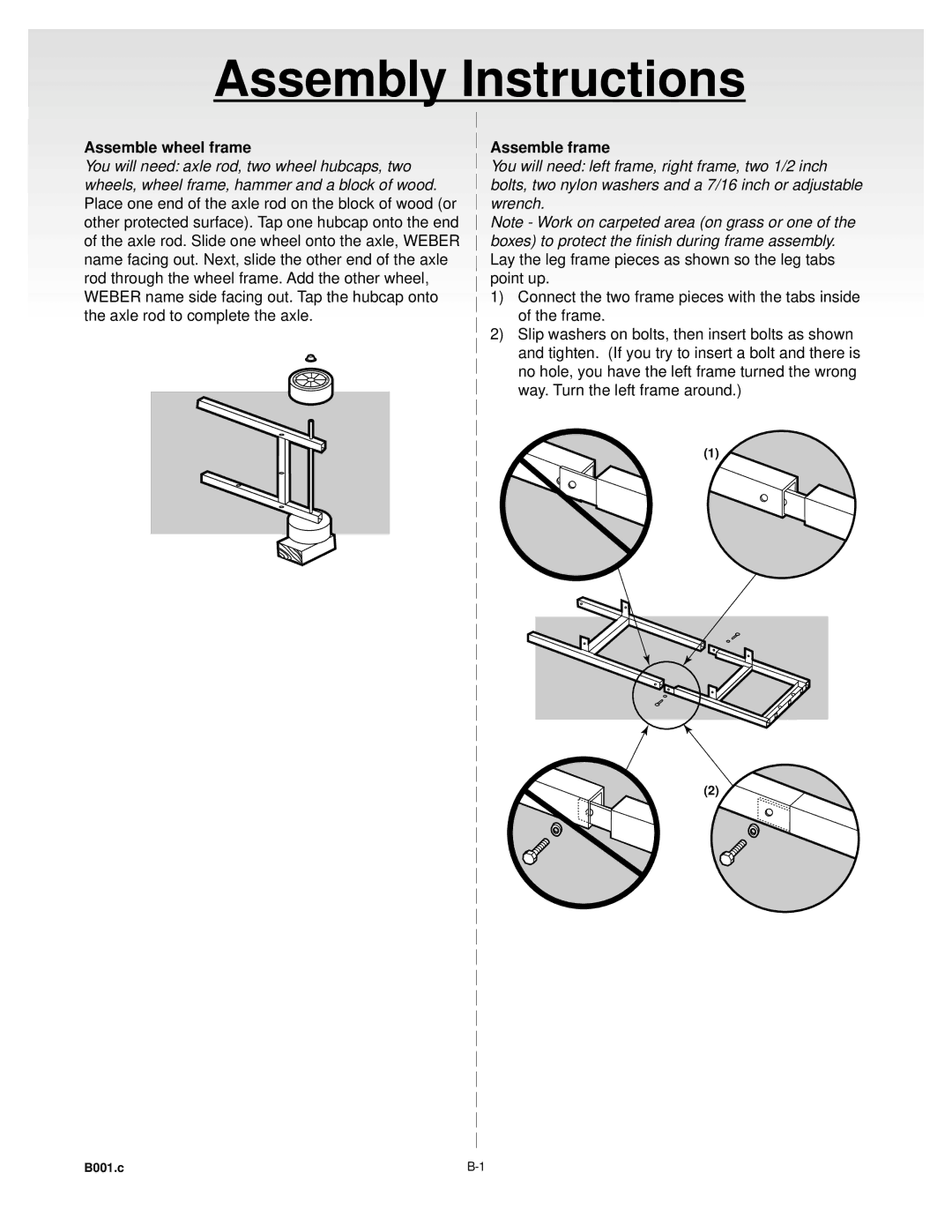 Weber Gas Grill manual Assemble wheel frame, Assemble frame 