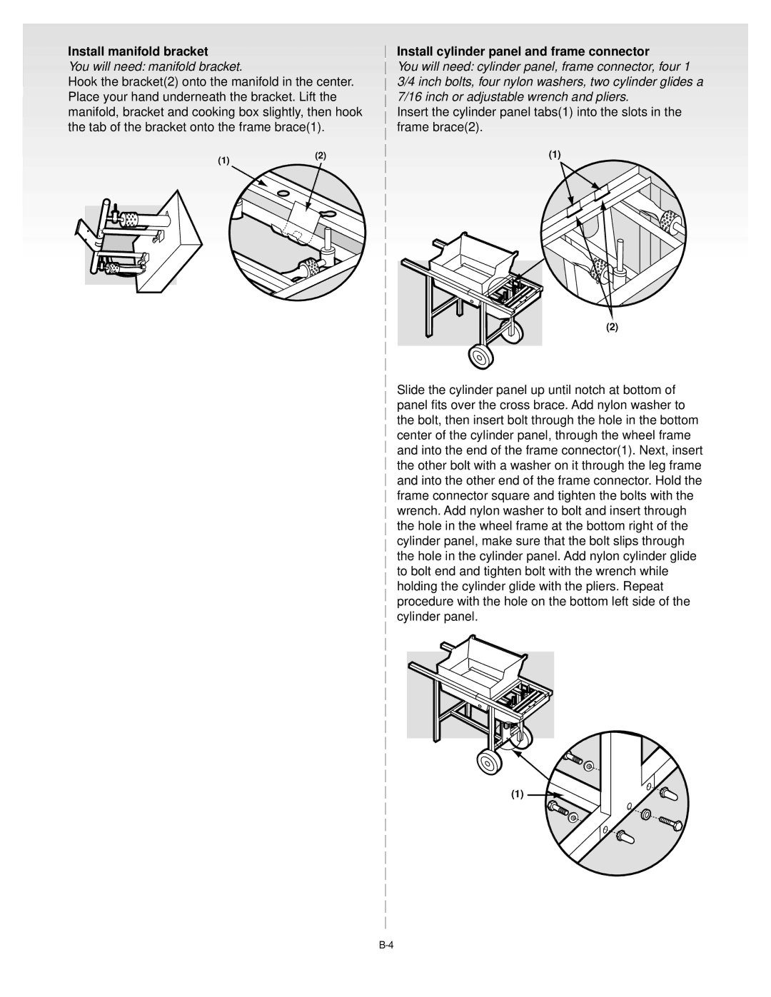 Weber Gas Grill manual Install manifold bracket, Install cylinder panel and frame connector 