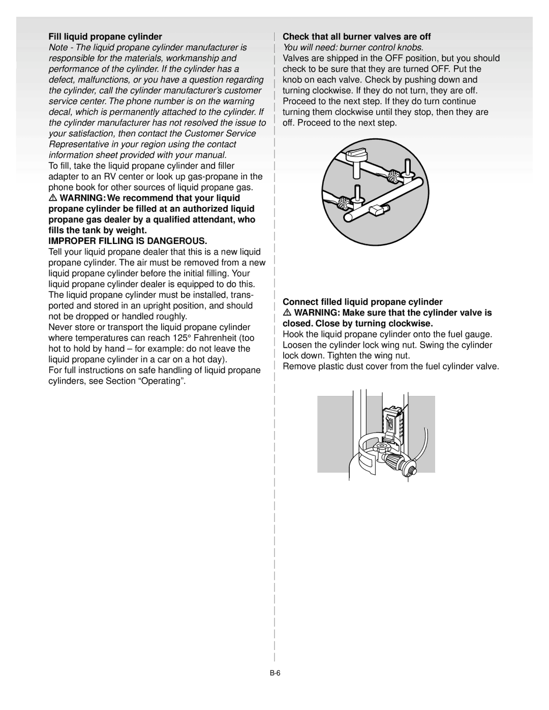 Weber Gas Grill manual Fill liquid propane cylinder, Check that all burner valves are off 