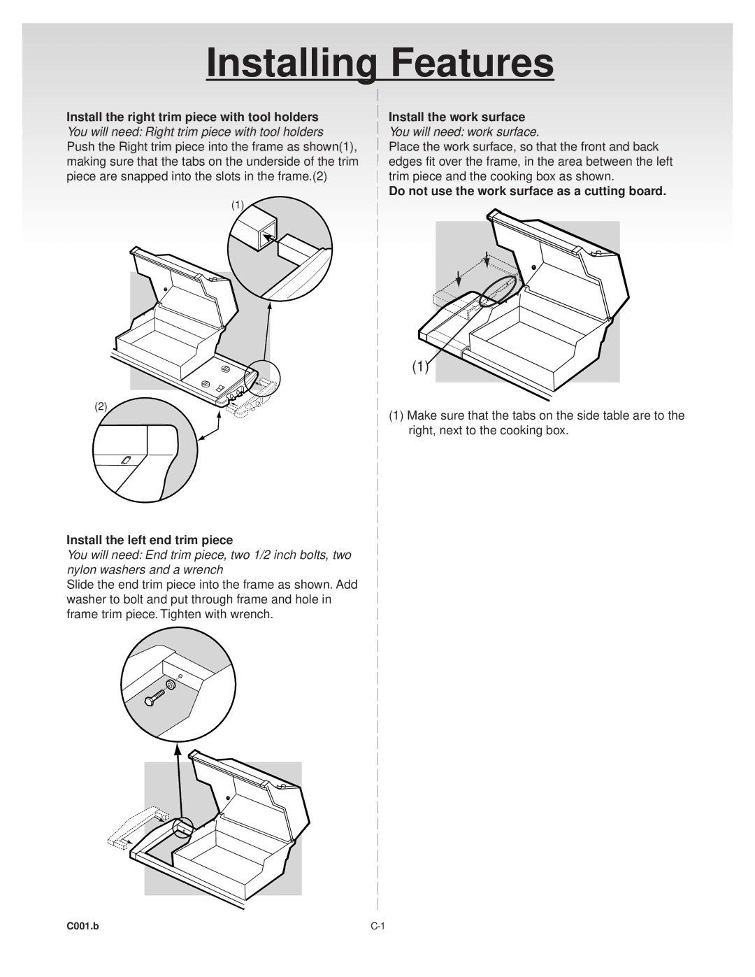 Weber Gas Grill manual Installing Features, Install the left end trim piece 