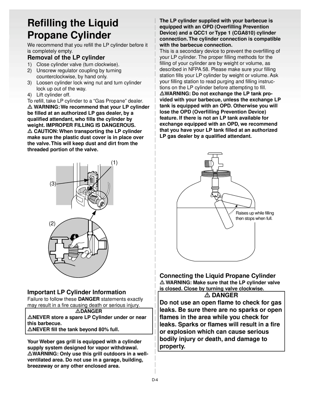 Weber Gas Grill manual Refilling the Liquid Propane Cylinder, Removal of the LP cylinder, Important LP Cylinder Information 