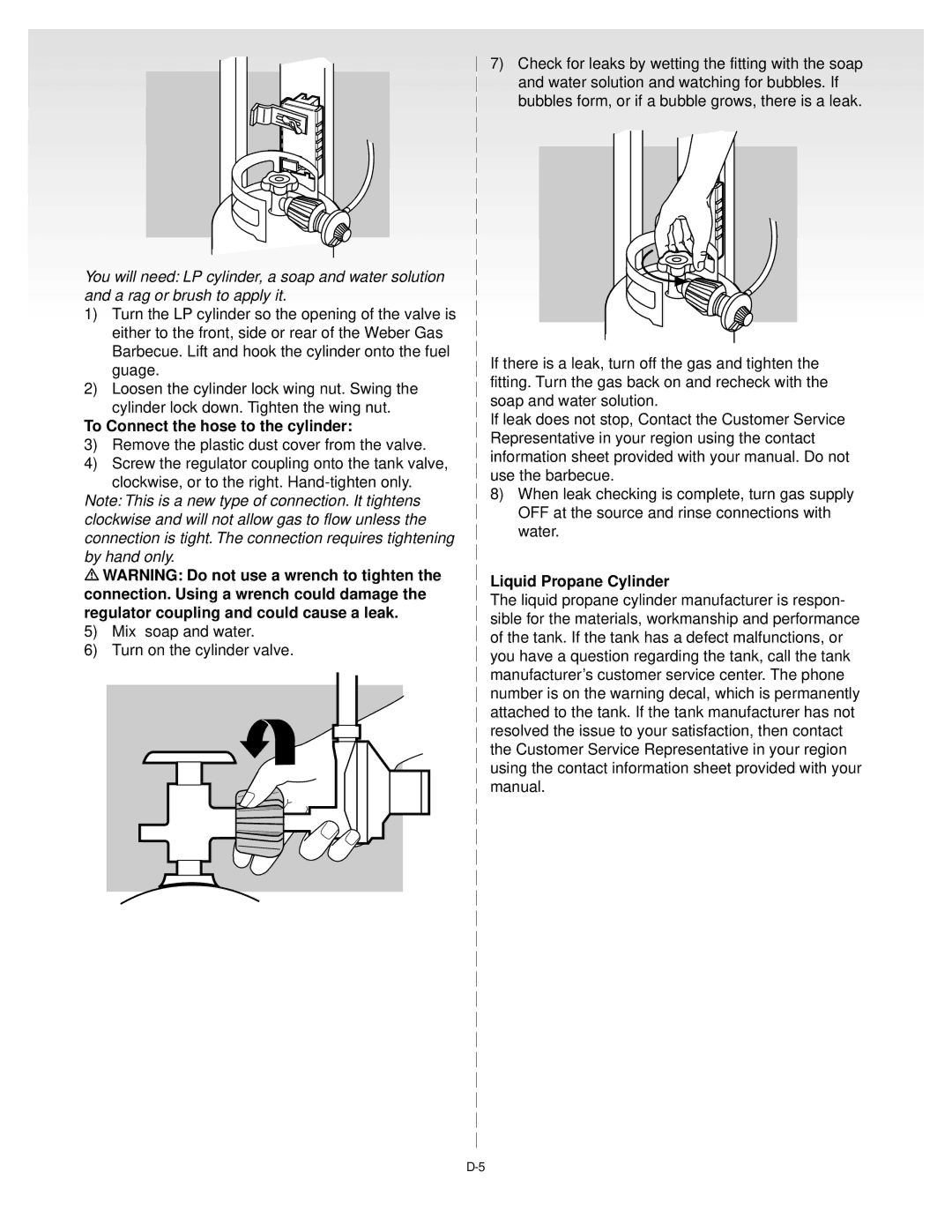 Weber Gas Grill manual To Connect the hose to the cylinder, Liquid Propane Cylinder 