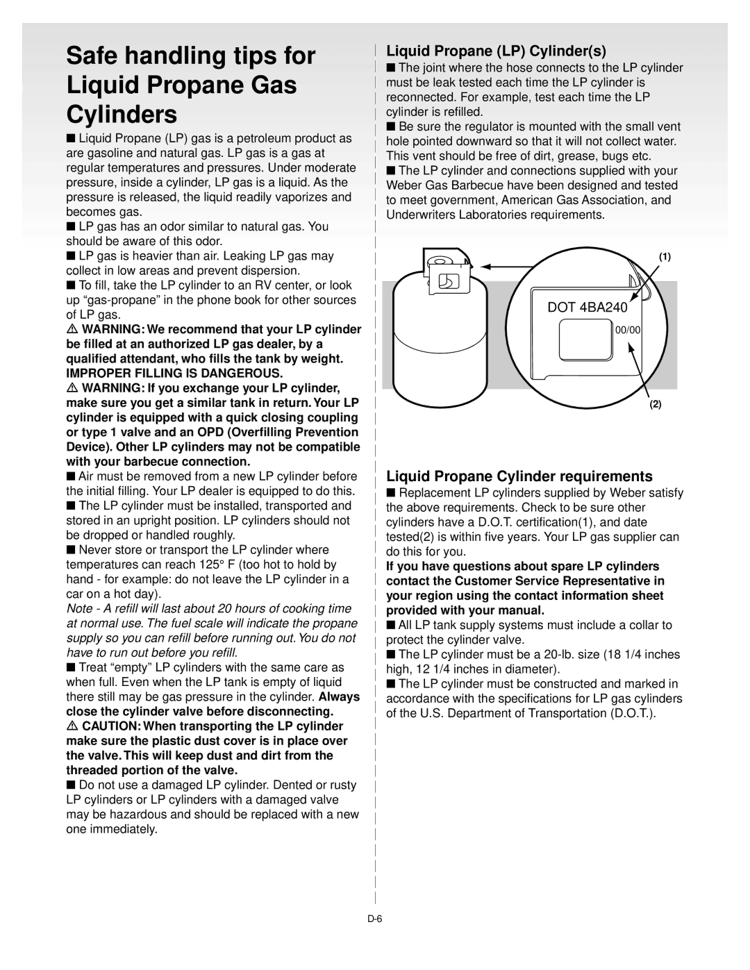 Weber Gas Grill manual Safe handling tips for Liquid Propane Gas Cylinders, Liquid Propane LP Cylinders 