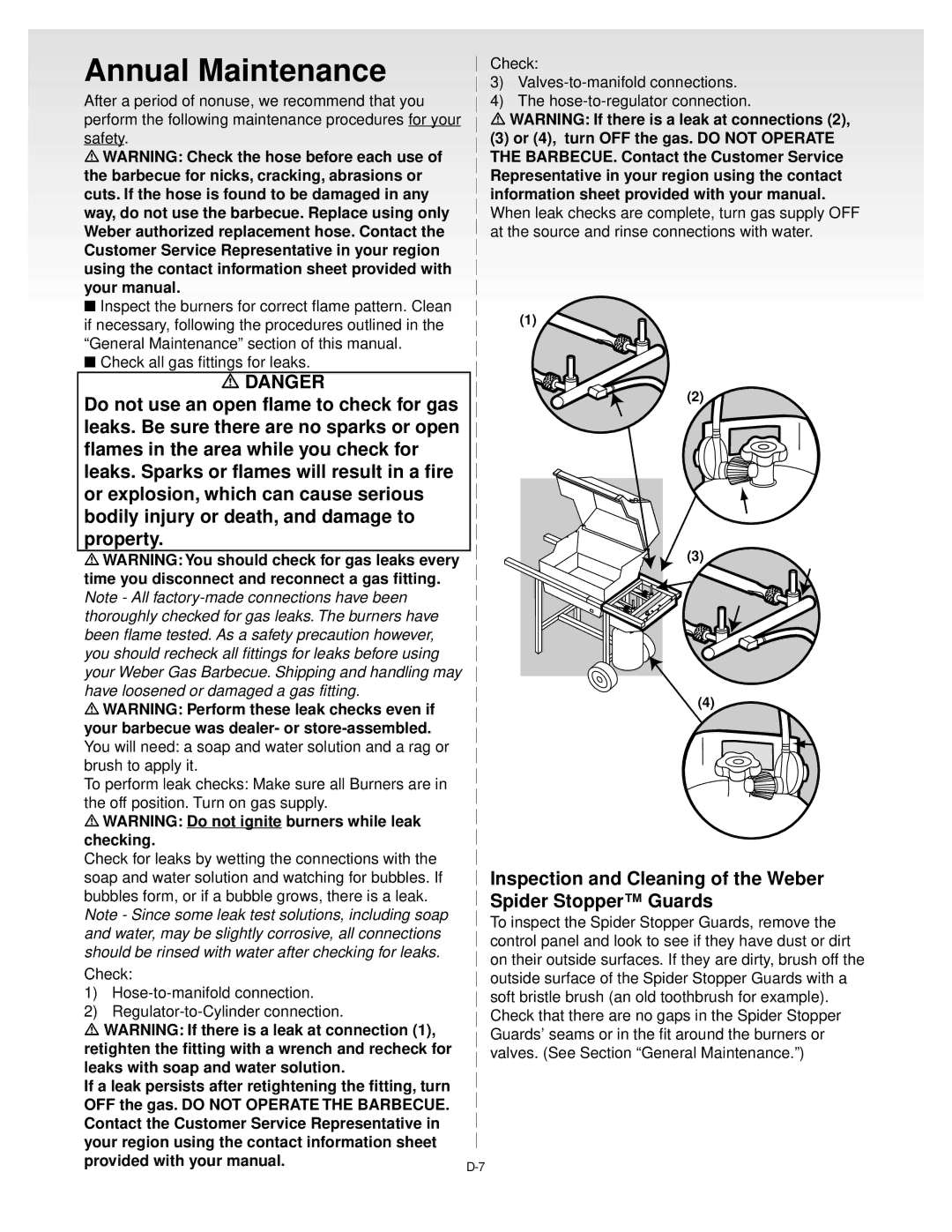 Weber Gas Grill manual Annual Maintenance, Inspection and Cleaning of the Weber Spider Stopper Guards 