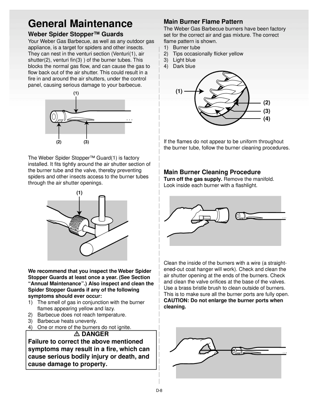 Weber Gas Grill manual General Maintenance, Weber Spider Stopper Guards, Main Burner Cleaning Procedure 