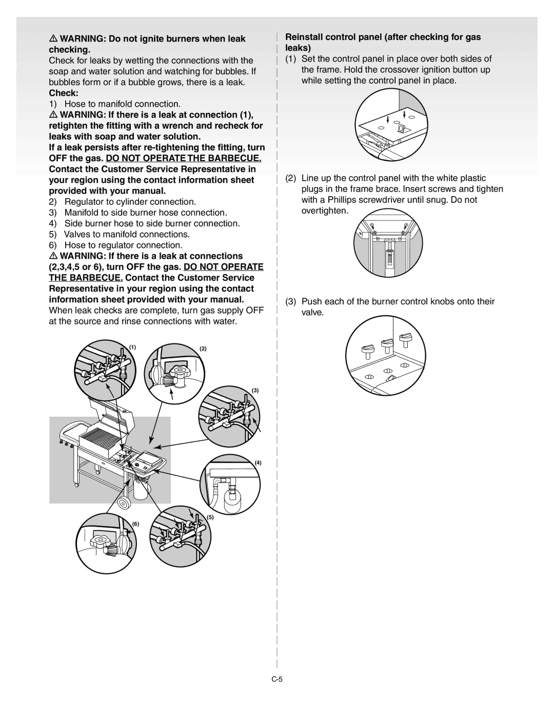 Weber Genesis Gold C manual Check, Reinstall control panel after checking for gas leaks 