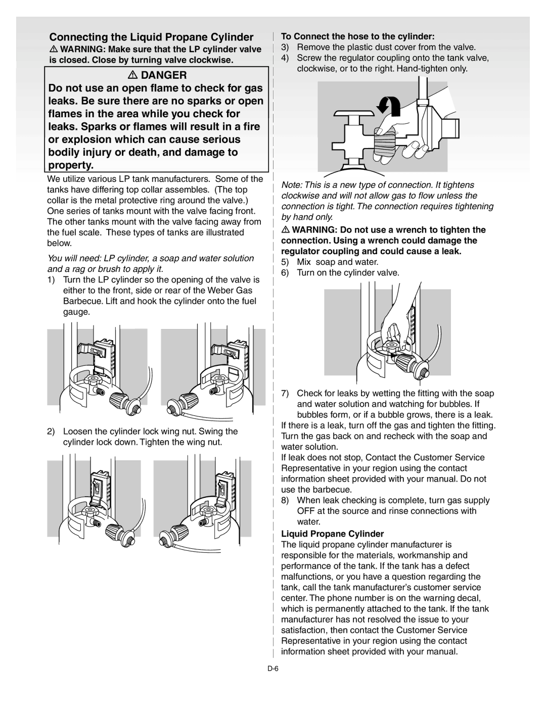 Weber Genesis Gold C manual To Connect the hose to the cylinder, Liquid Propane Cylinder 