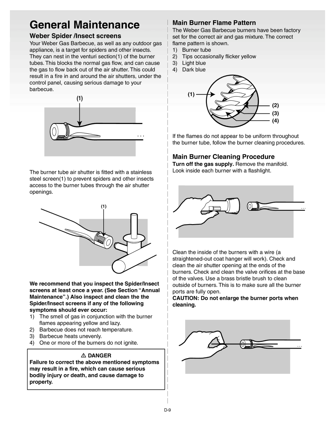 Weber Genesis Gold C manual General Maintenance, Weber Spider /Insect screens, Main Burner Flame Pattern 