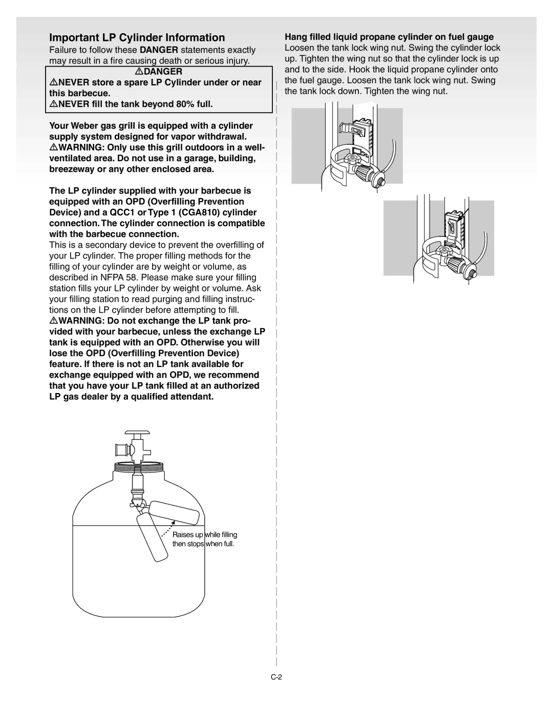 Weber Gold B manual Important LP Cylinder Information, Hang filled liquid propane cylinder on fuel gauge 