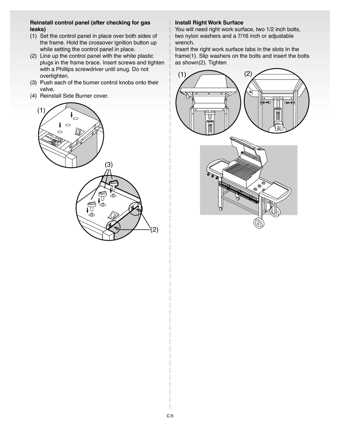 Weber Gold B manual Reinstall control panel after checking for gas leaks, Install Right Work Surface 