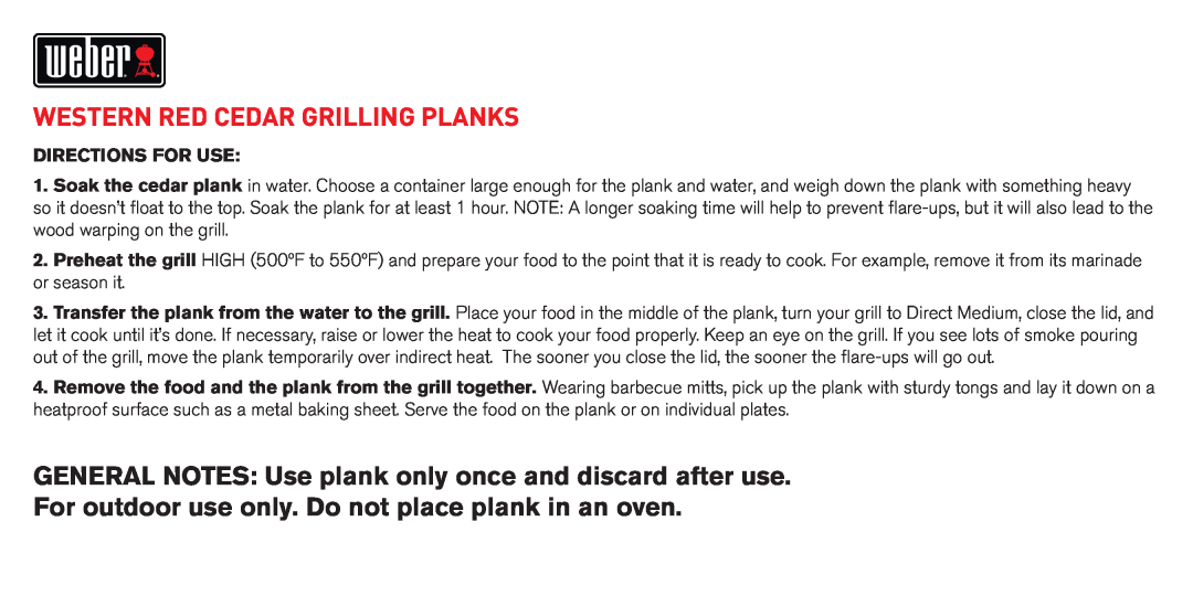 Weber Grill Accessory manual western red cedar grilling planks, Directions For Use 