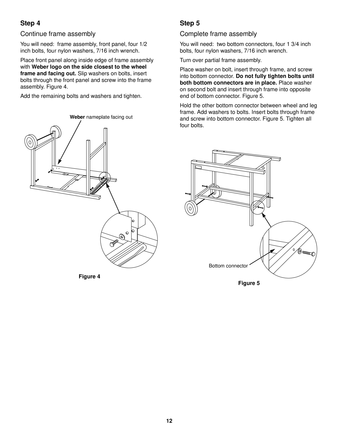 Weber Grill owner manual Continue frame assembly, Complete frame assembly 