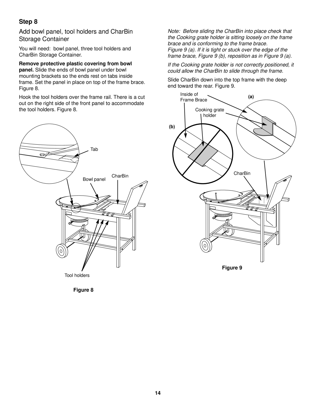 Weber Grill owner manual Add bowl panel, tool holders and CharBin Storage Container 