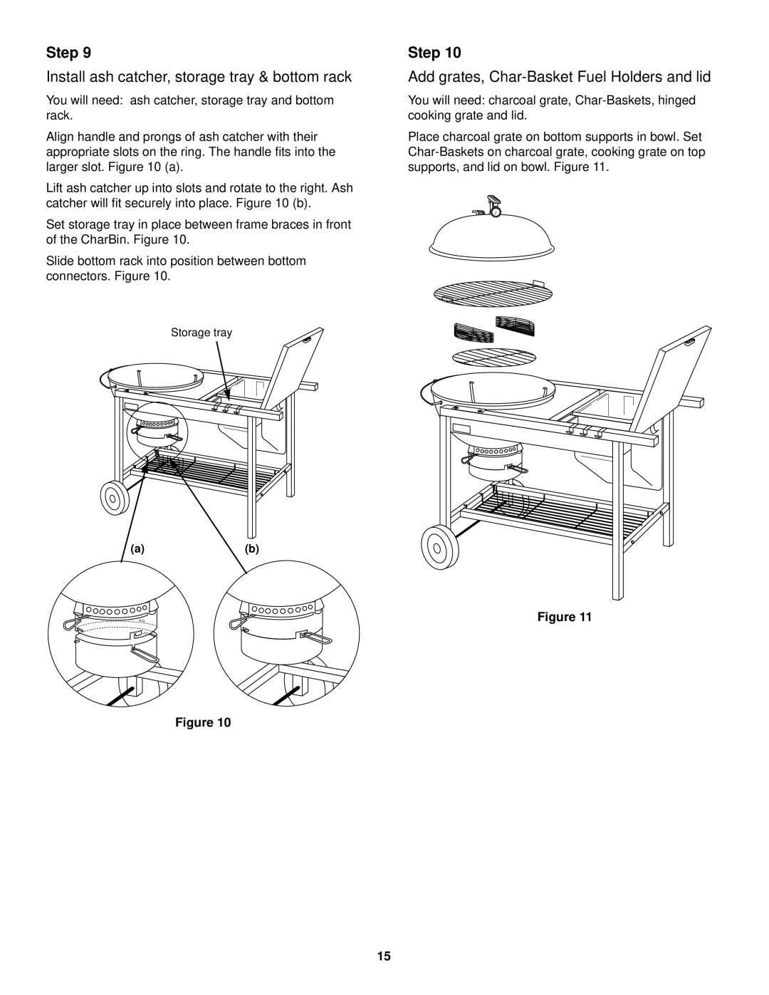 Weber Grill owner manual Install ash catcher, storage tray & bottom rack, Add grates, Char-Basket Fuel Holders and lid 