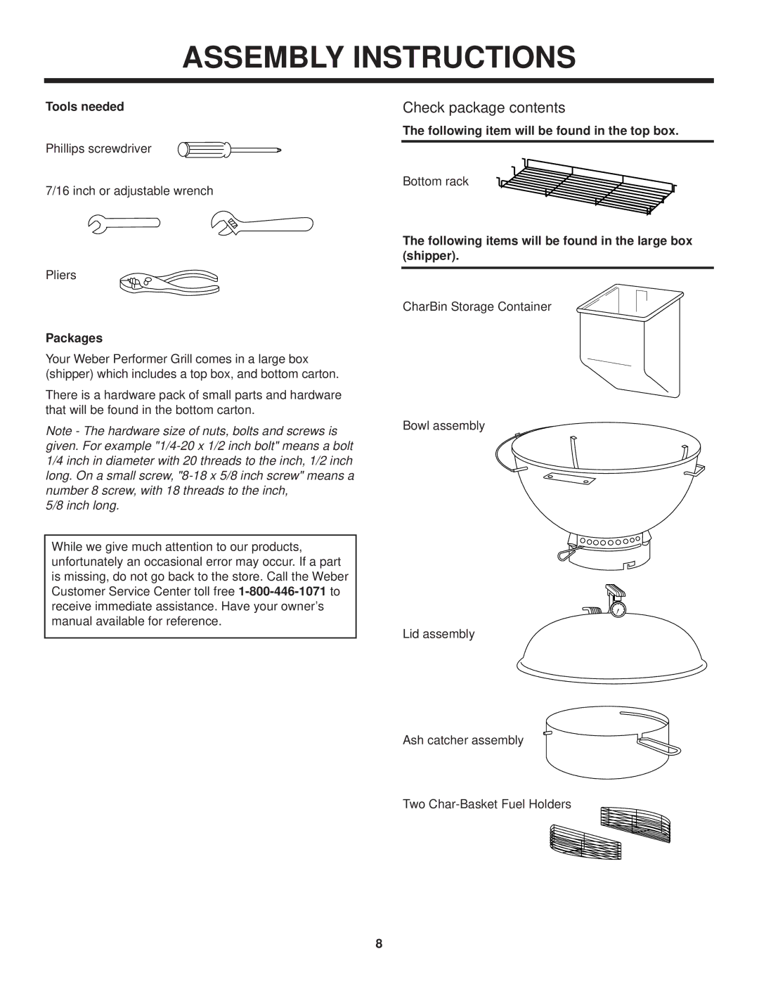 Weber Grill owner manual Assembly Instructions, Check package contents 