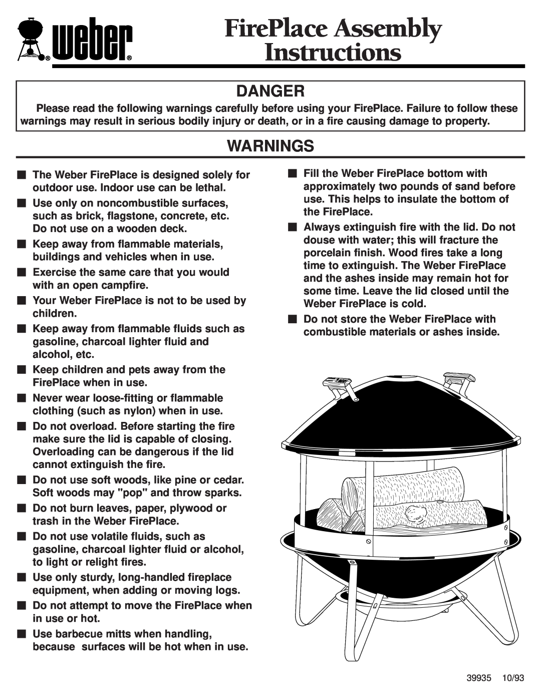 Weber Indoor Fireplace manual Danger, Warnings, Instructions, FirePlace Assembly 