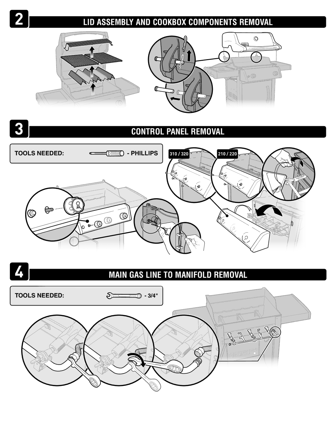 Weber 61626 warranty LID Assembly and Cookbox Components Removal, Control Panel Removal, Main GAS Line to Manifold Removal 