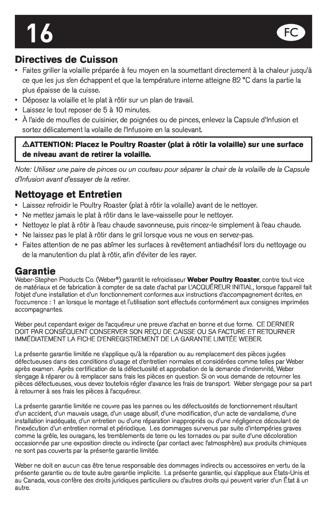 Weber Oven manual Directives de Cuisson, Nettoyage et Entretien, Garantie 