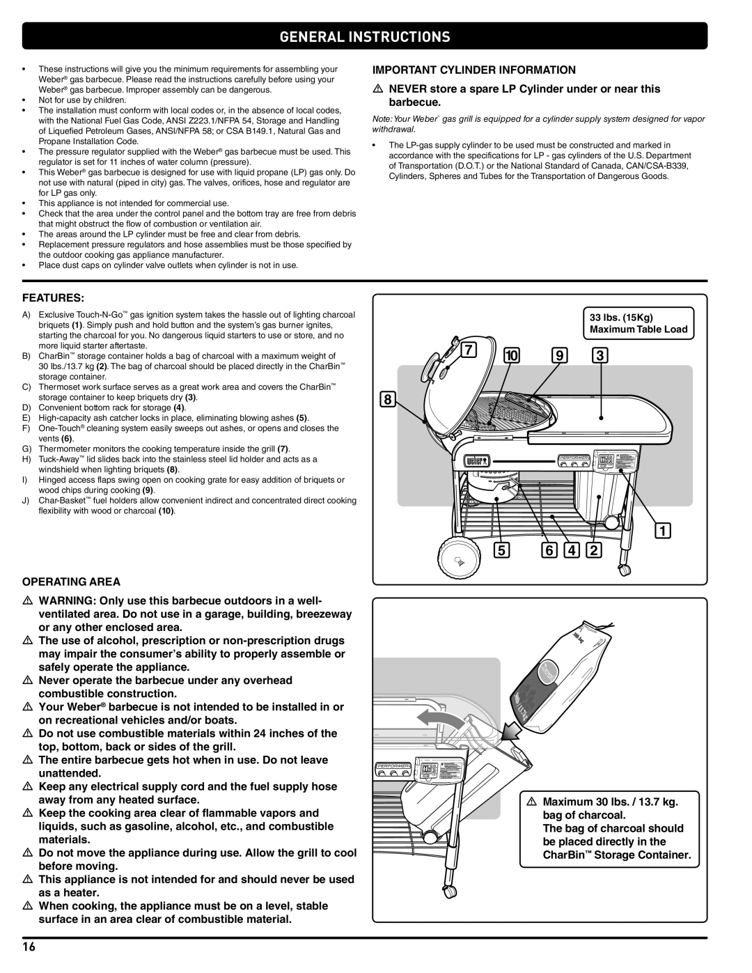 Weber PERFORMER PLATINUM manual General Instructions, Important Cylinder Information, Features, Operating Area, Lbs Kg 