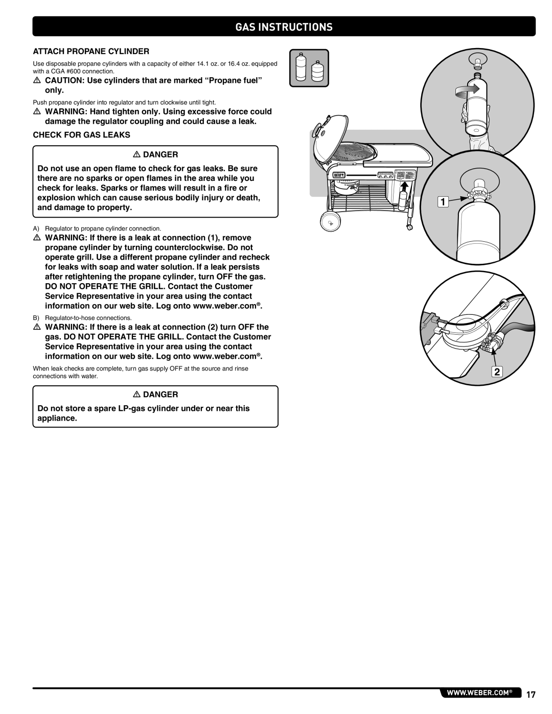 Weber PERFORMER PLATINUM manual GAS Instructions, Attach Propane Cylinder, Check for GAS Leaks 