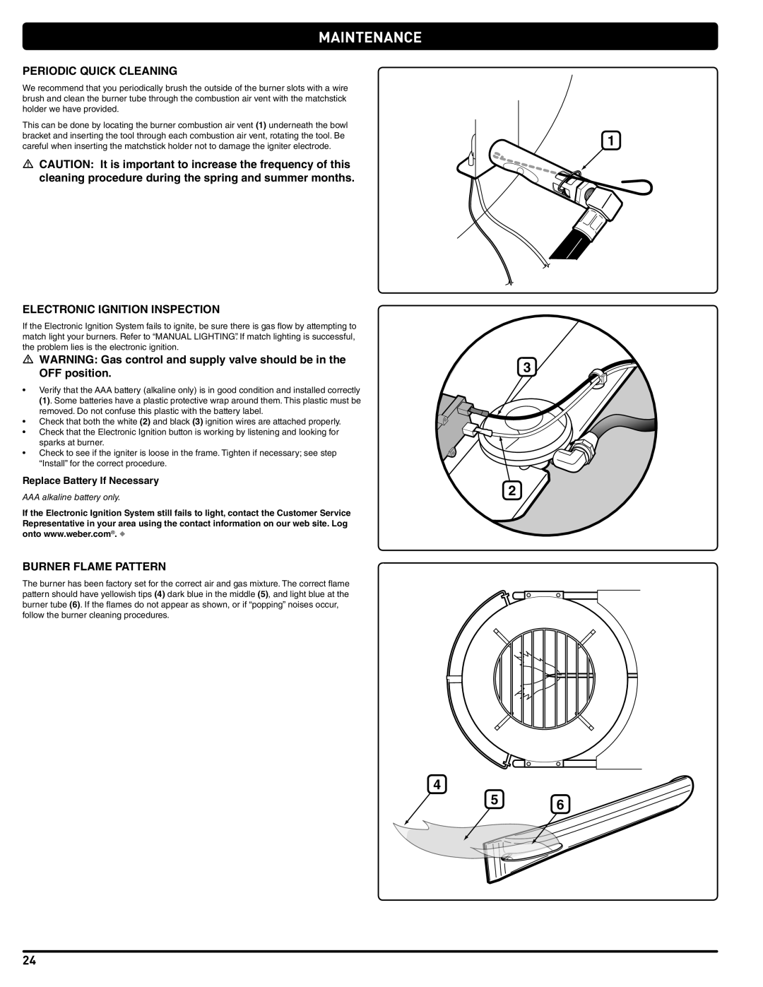 Weber PERFORMER PLATINUM manual Periodic Quick Cleaning, Electronic Ignition Inspection, Burner Flame Pattern 